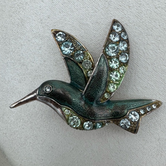 Liz Claiborne Jewelry - VTG Liz Claiborne LC Hummingbird Brooch Green Enamel Rhinestone Bird Pin‎ Signed